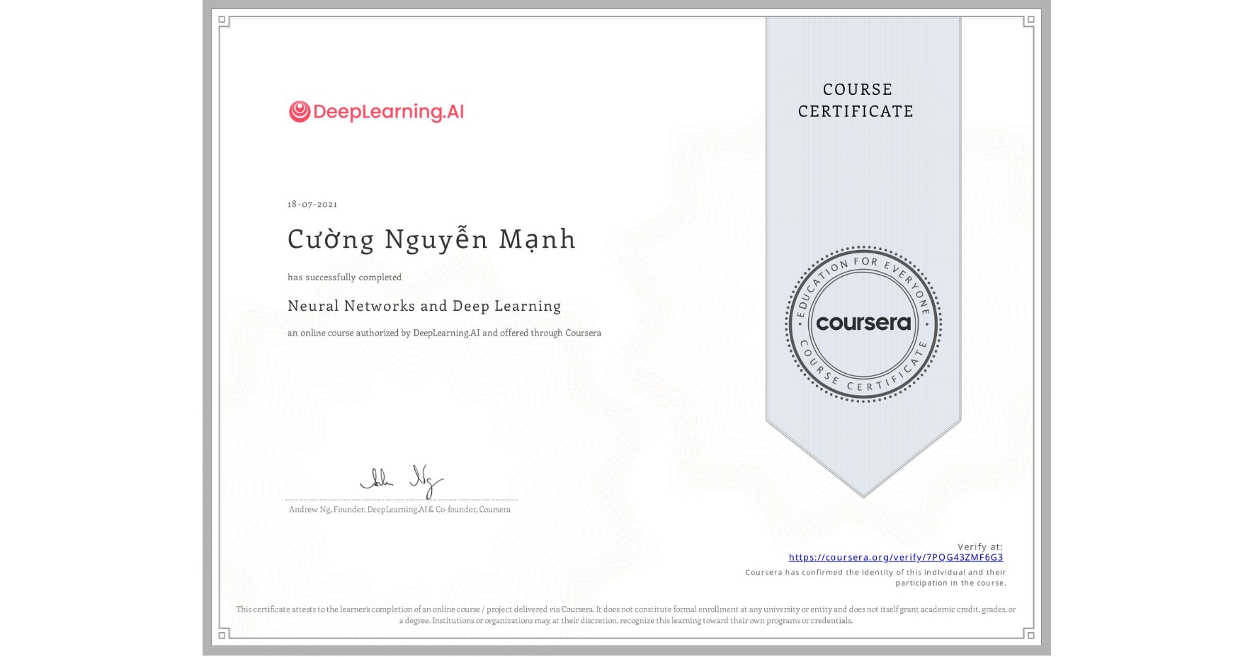 Neural Networks and Deep Learning Certificate
