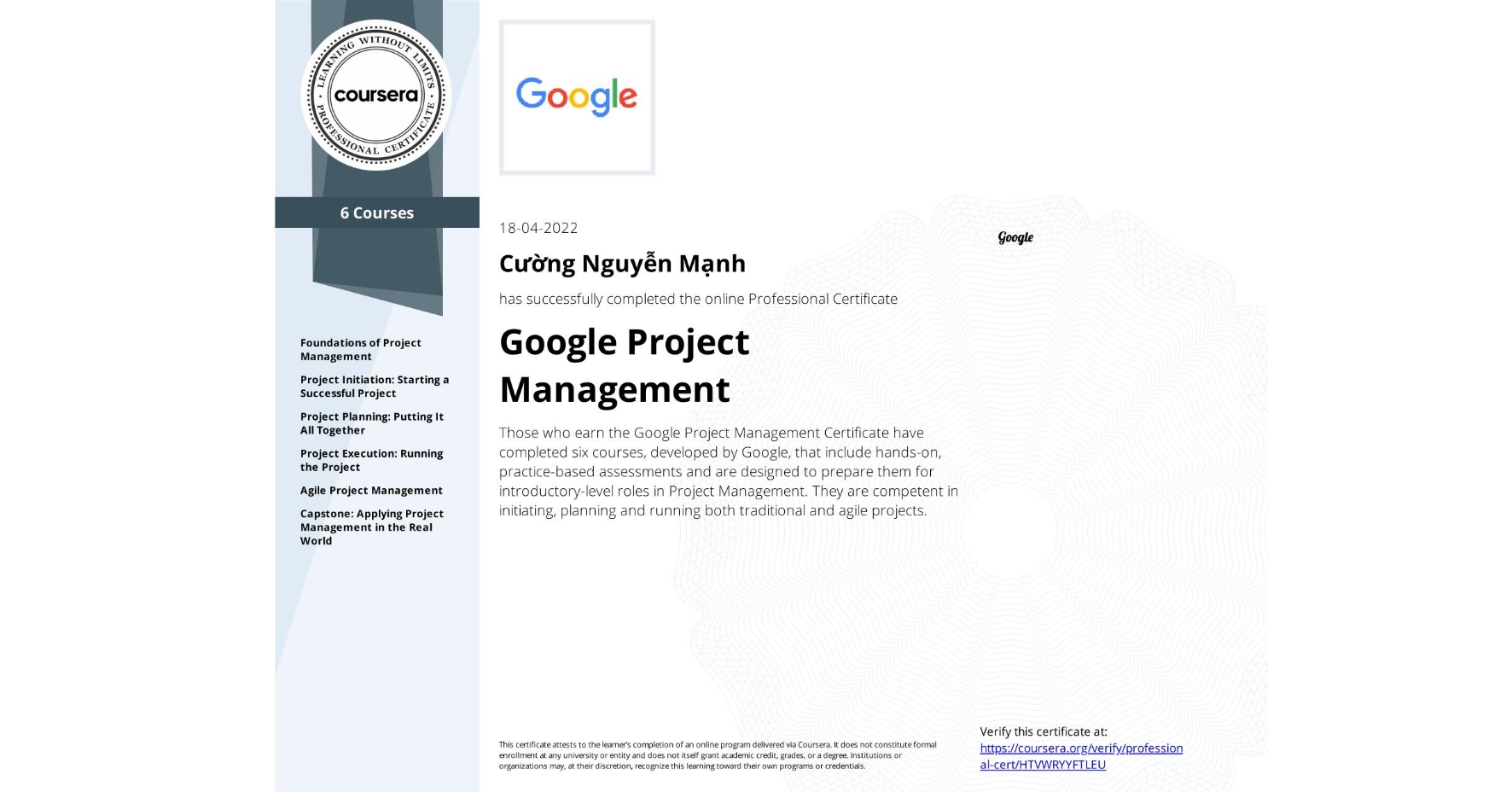 Google Project Management Certificate